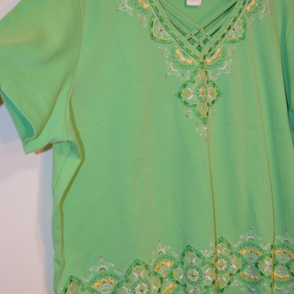 ALFRED DUNNER Green Embroidery V-Neck Crossed Cords Sequences ShortSl Blouse XL - Picture 4 of 8